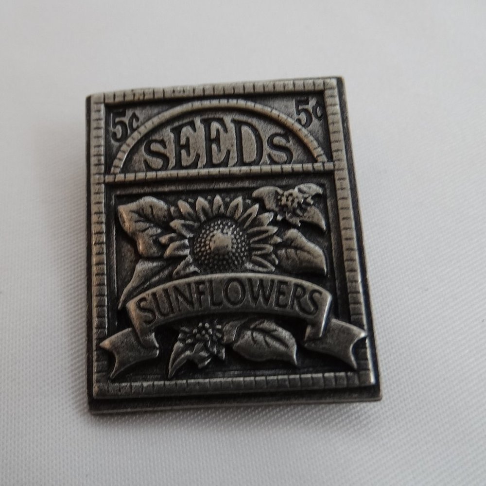 Vintage Sunflower Seeds Packet Pin Brooch Signed Birds & Bloom Signed